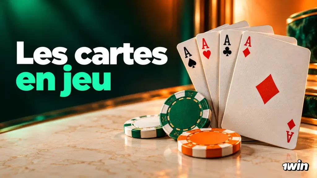 Quatre as et des jetons verts et orange sur une table claire