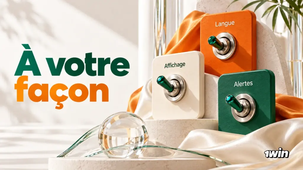 Trois boutons de réglages Langue, Affichage et Alertes dans une composition orange et verte.