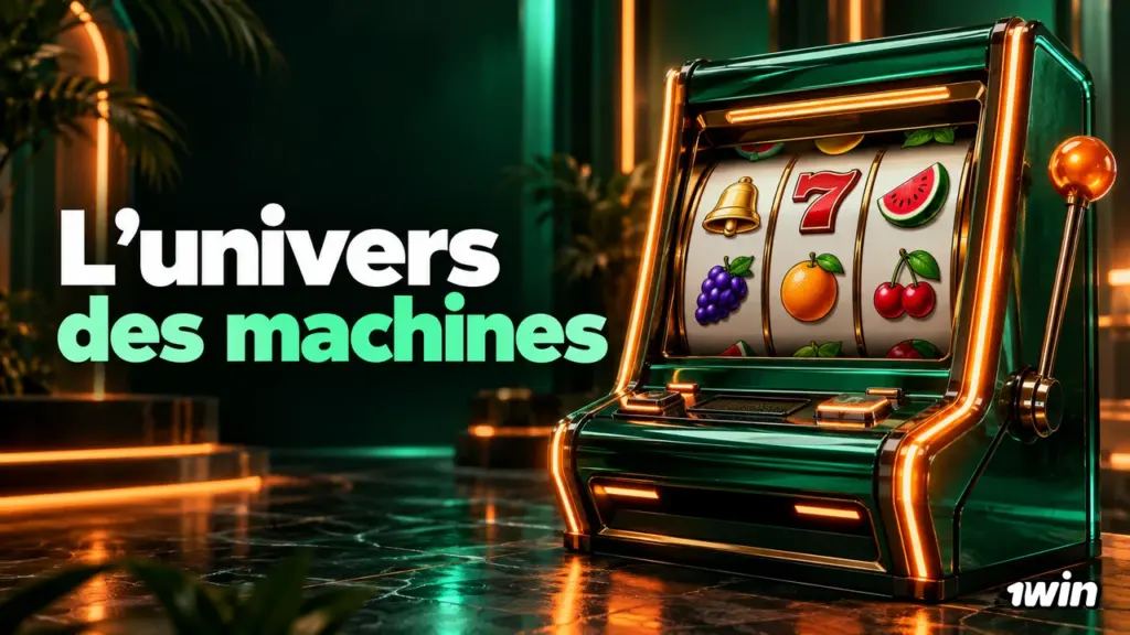 Machine à sous verte et dorée avec des symboles de fruits et un sept